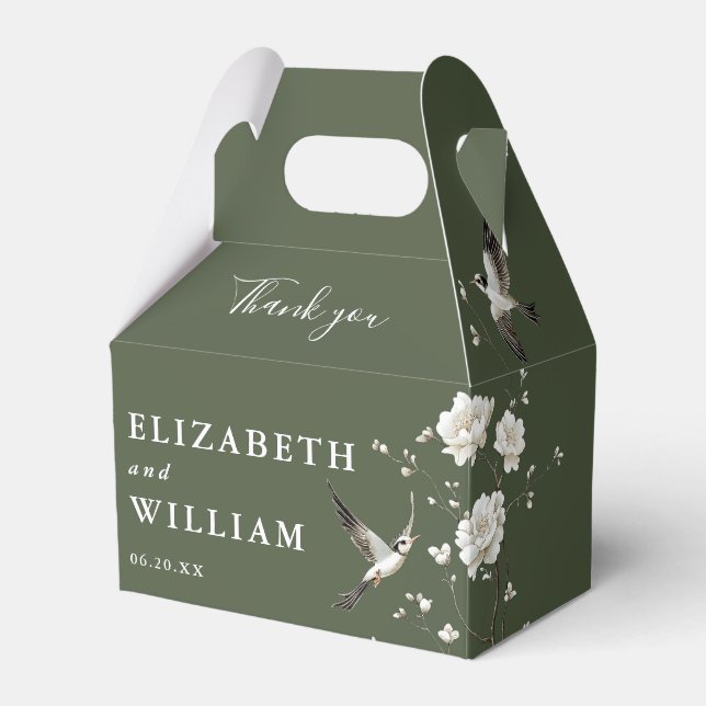 Olive Green Chinoiserie Floral Wedding Thank You Favour Box (Front Side)