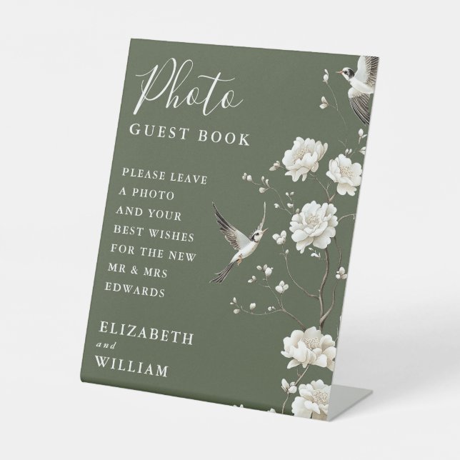 Olive Green Chinoiserie Photo Guest Book Wedding Pedestal Sign (Front)