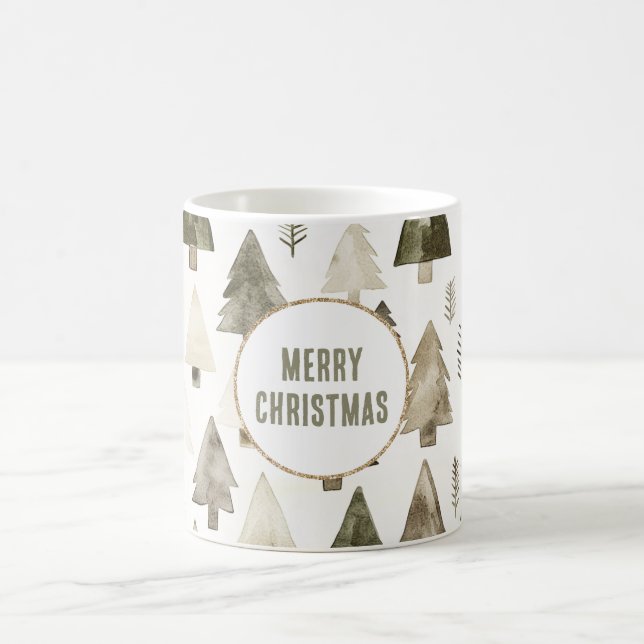 Olive Green Christmas Trees Gold Glitter Circle Coffee Mug (Center)