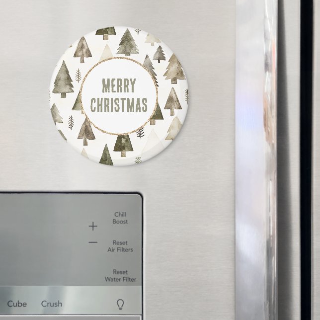 Olive Green Christmas Trees Gold Glitter Circle Magnet (In Situ (Fridge))