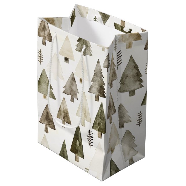 Olive Green Christmas Trees Medium Gift Bag (Front Angled)