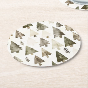 Olive Green Christmas Trees Round Paper Coaster