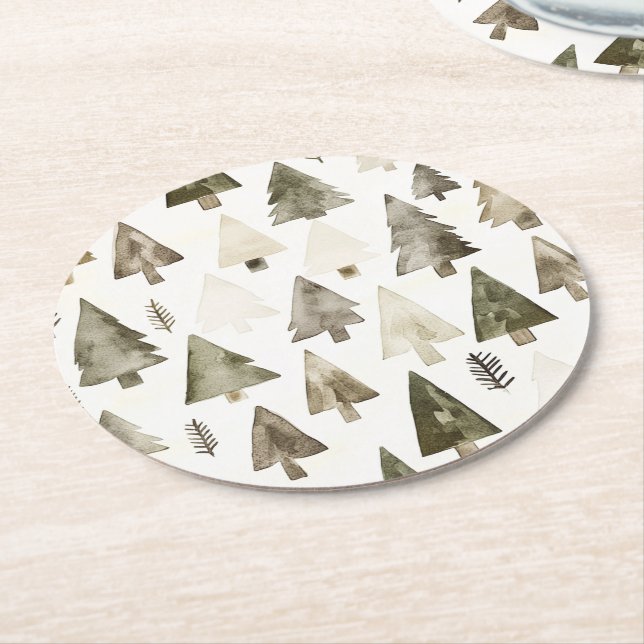 Olive Green Christmas Trees Round Paper Coaster (Angled)