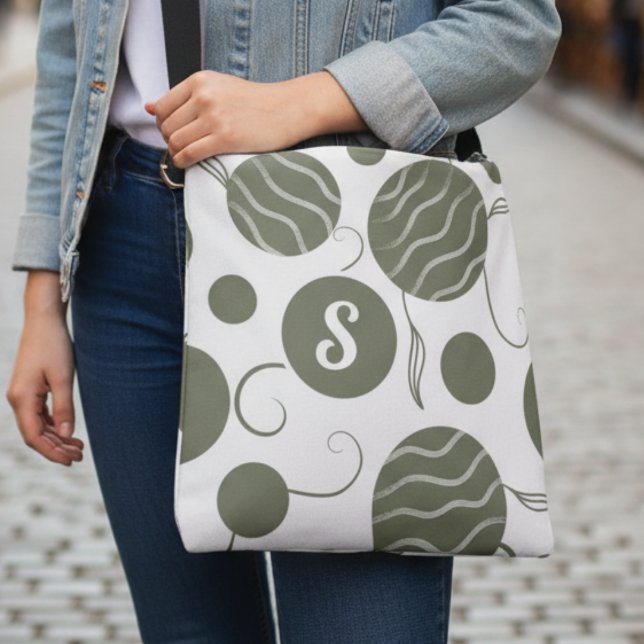 Olive Green Circles Monogram Crossbody Bag (Wavy circles, crisp contrast, and a splash of garden vibes, this bag’s ready for your next outing.)