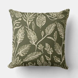 Olive Green Cream Botanical Textile Stamp Cushion