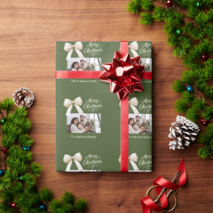 Olive green cream bow photo script Christmas Wrapping Paper