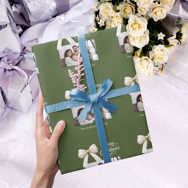Olive green cream bow photo script Christmas Wrapping Paper (Creator Uploaded)