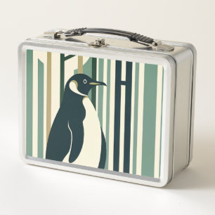 Olive Green Cream Penguin Illustration Forest Metal Lunch Box
