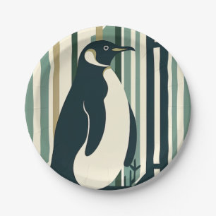 Olive Green Cream Penguin Illustration Forest Paper Plate