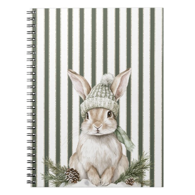 Olive Green Cream Stripes Bunny Rabbit Christmas Notebook (Front)
