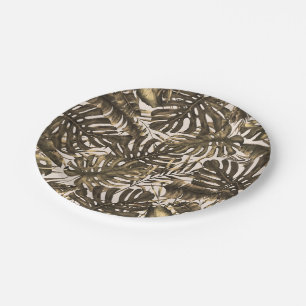 Olive Green & Cream Tropical Palm Leaves Wedding Paper Plate