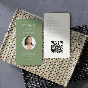 Olive Green & Creamy Ivory Photo Social QR Code  Business Card