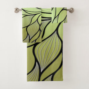 Olive Green Creative Leave Pattern Bath Towel Set