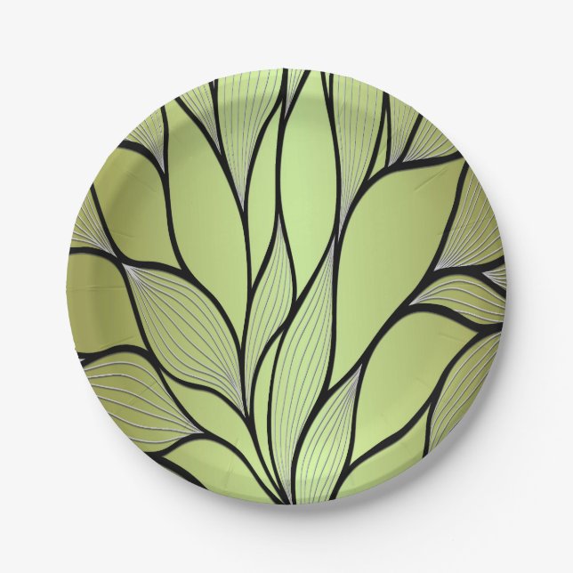 Olive Green Creative Leave Pattern  Paper Plate (Front)