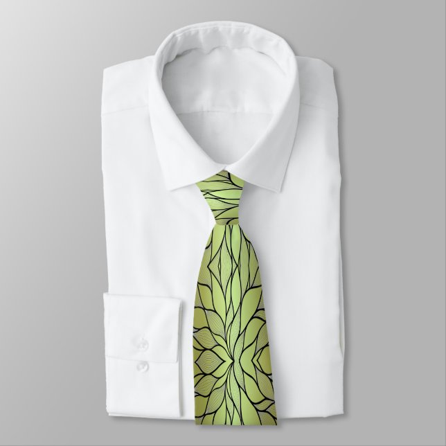 Olive Green Creative Leave Pattern  Tie (Tied)