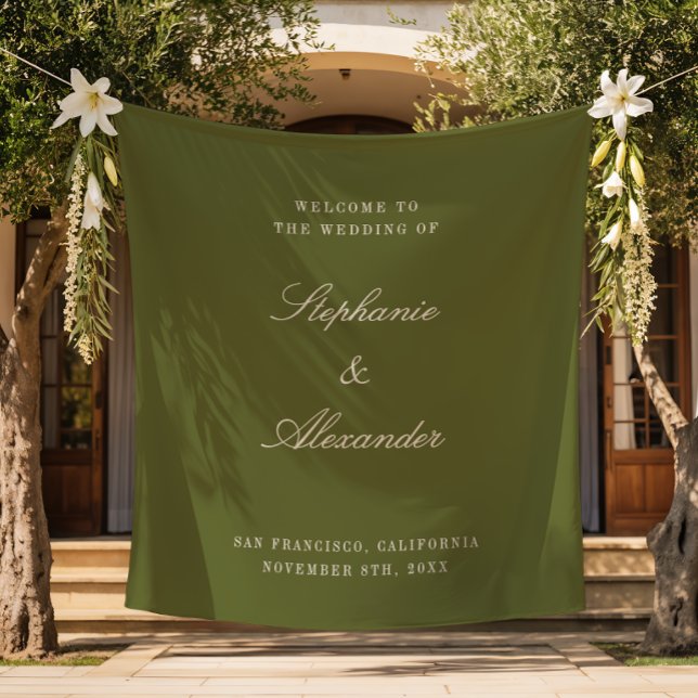 Olive Green Custom Fabric Wedding Welcome Sign Tapestry (Creator Uploaded)