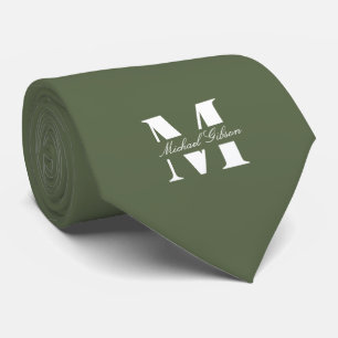 Olive Green Custom Monogram Wedding Groomsmen Tie