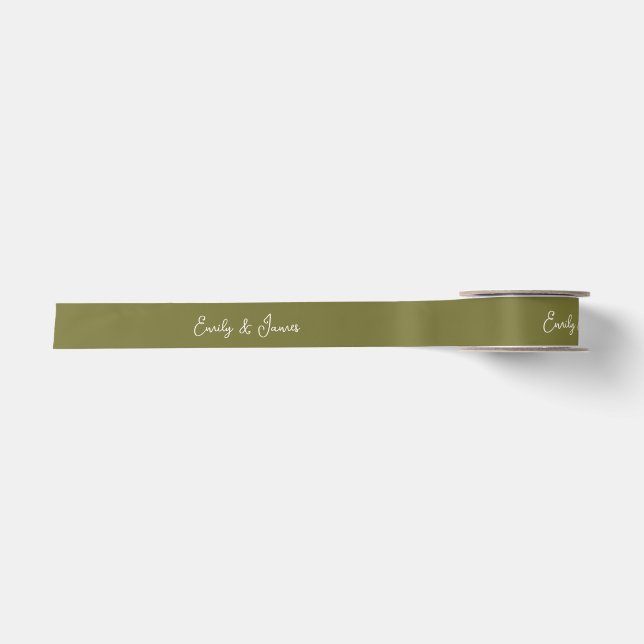 Olive Green Custom Name Wedding Ribbon Satin Ribbon (Front)