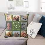 Olive green custom photo collage birthday cushion<br><div class="desc">A unique gift for a 21st birthday,  celebrating her life with a collage of 8 of your own photos,  pictures.  Personalise and add her name,  age and date. Olive green background colour,  white text.   The name is written with a modern hand lettered style script.</div>