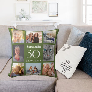 Olive green custom photo collage birthday cushion