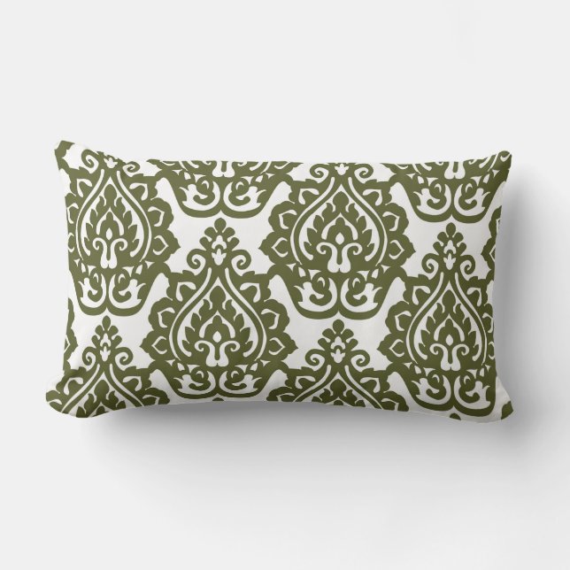 Olive Green Damask Lumbar Christmas Pillow (Front)