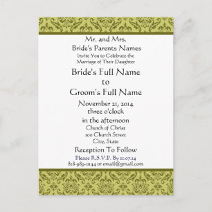 Olive Green Damask on White Wedding Invitation Postcard