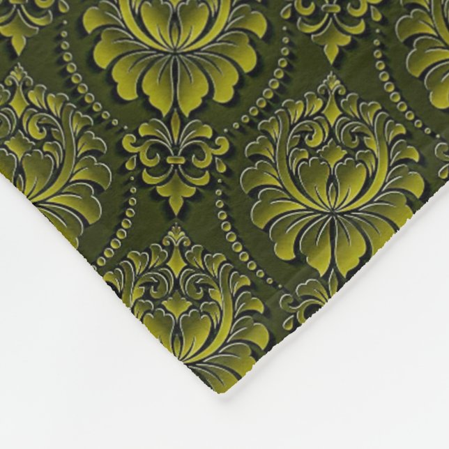 Olive Green Damask Pattern Fleece Blanket (Corner)