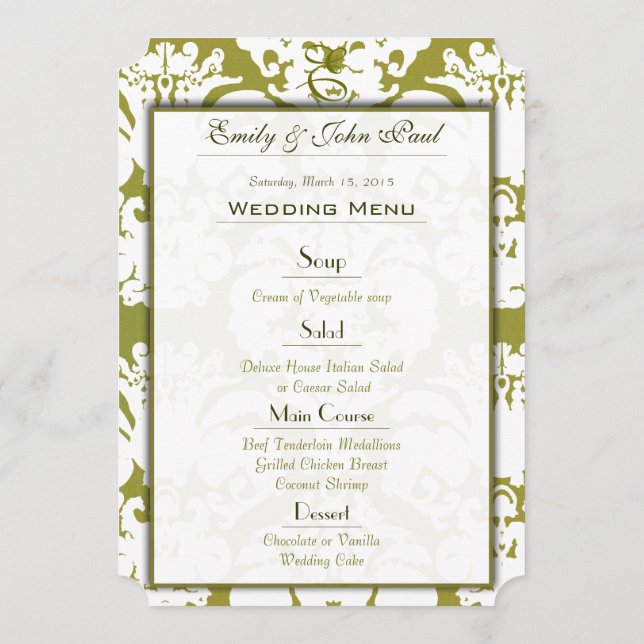 Olive Green Damask Wedding Program Menu (Back)