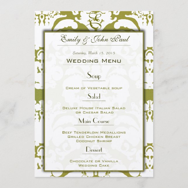 Olive Green Damask Wedding Program Menu (Back)