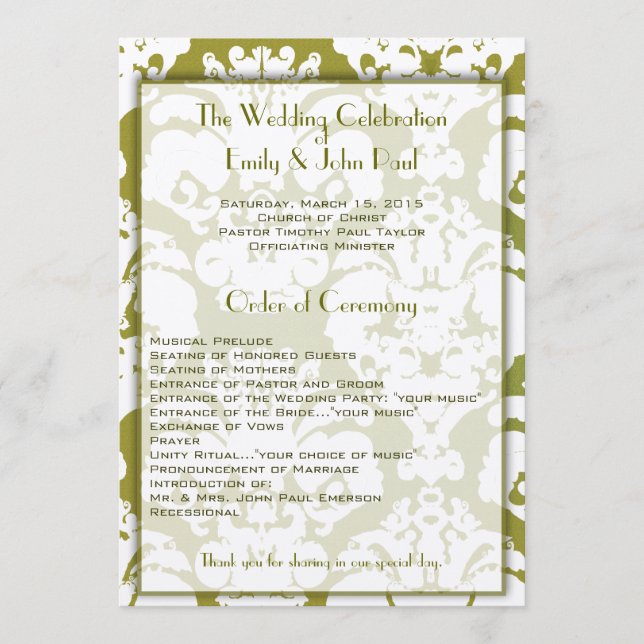 Olive Green Damask Wedding Program Programme (Front)