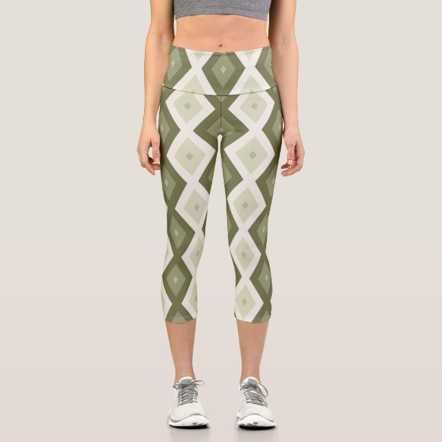 Olive green diamond pattern capri leggings (Front)