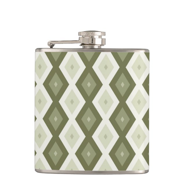Olive green diamond pattern hip flask (Front)