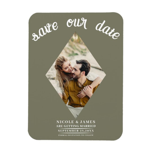 Olive Green Diamond Photo Wedding Save the Date Magnet (Vertical)
