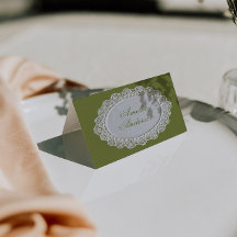 Olive Green Doily Old Money Wedding Place Cards