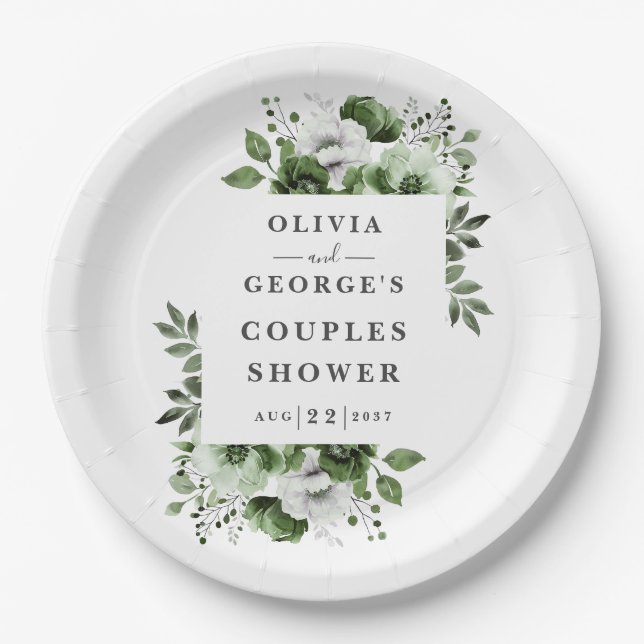Olive Green Elegant Country Floral Couples Shower Paper Plate (Front)