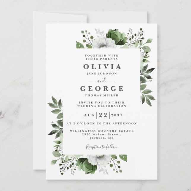 Olive Green Elegant Country Floral QR Code Wedding Invitation (Front)