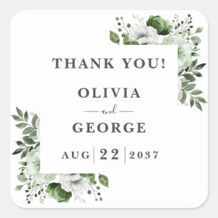 Olive Green Elegant Country Floral Wedding Favour Square Sticker