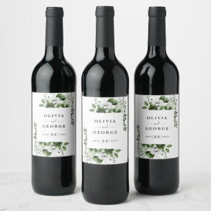 Olive Green Elegant Country Floral Wedding Wine Label