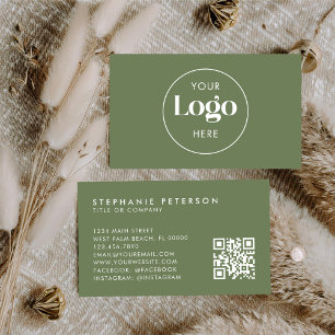 Olive Green Elegant Custom Company Logo QR Code Business Card