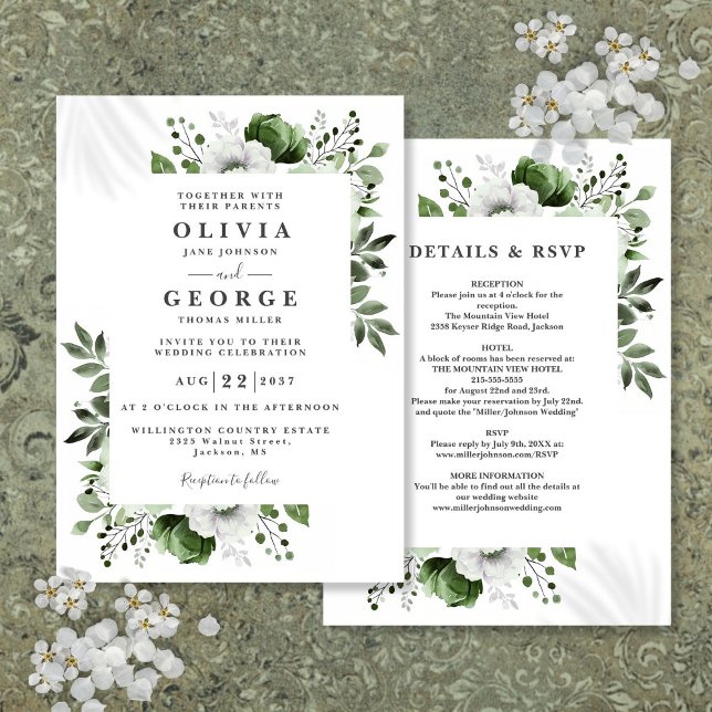 Olive Green Elegant Floral All In One Wedding Invitation (Olive Green Elegant Floral All In One Wedding Invitation)