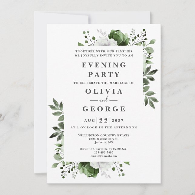 Olive Green Elegant Floral Wedding Evening Party Invitation (Front)