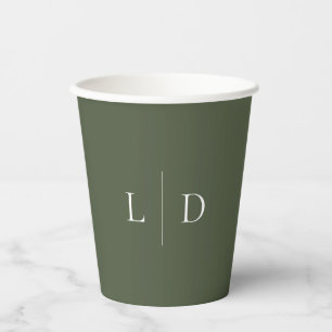 Olive Green Elegant Minimalist Monogram Wedding Paper Cups