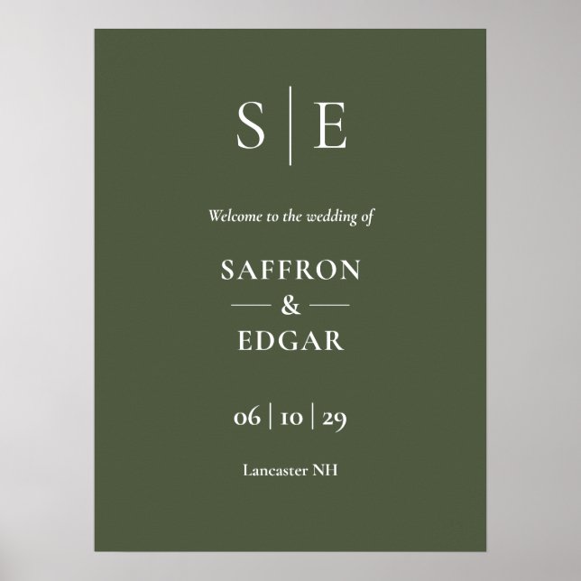 Olive Green Elegant Monogram Wedding Welcome Sign (Front)