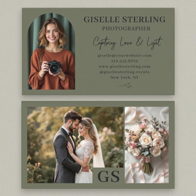  Olive Green Elegant Photo Script Professional Business Card (Creator Uploaded)