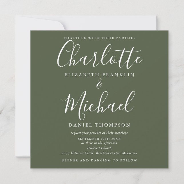 Olive Green Elegant Script All In One Wedding Invitation (Front)
