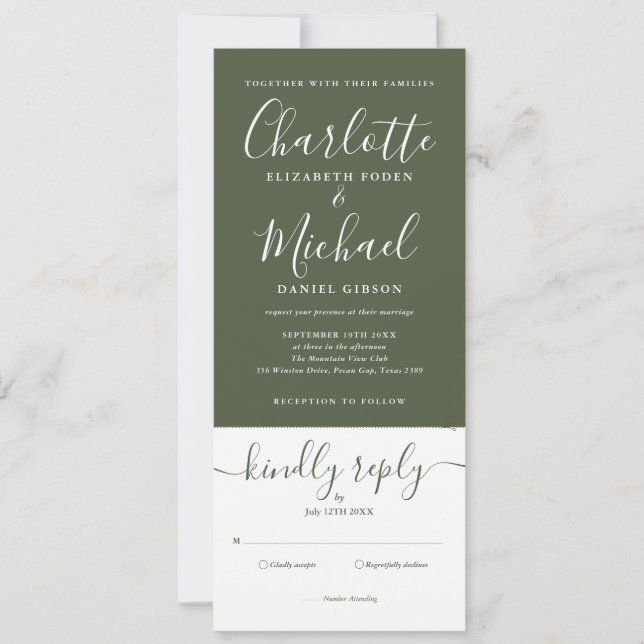 Olive Green Elegant Script All In One Wedding Invitation (Front)