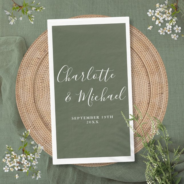 Olive Green Elegant Signature Script Wedding Napkin (Olive Green Elegant Signature Script Wedding Paper Guest Towels)