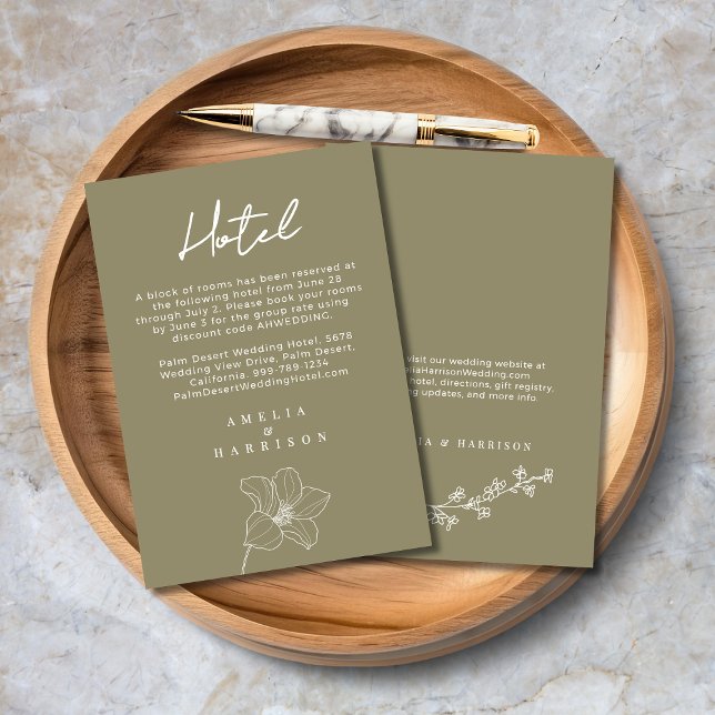 Olive Green Elegant Wedding Hotel Enclosure Card (Olive Green Elegant Wedding Hotel Enclosure Card with Delicate Flowers, Wedding Website.)