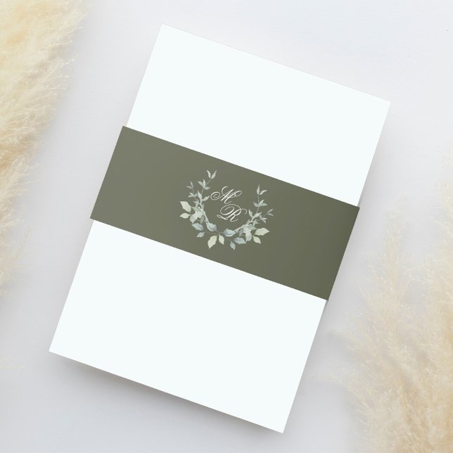 Olive Green Elegant Wedding Monogram Invitation Belly Band (Olive green laurel leaf motif monogram belly band. )