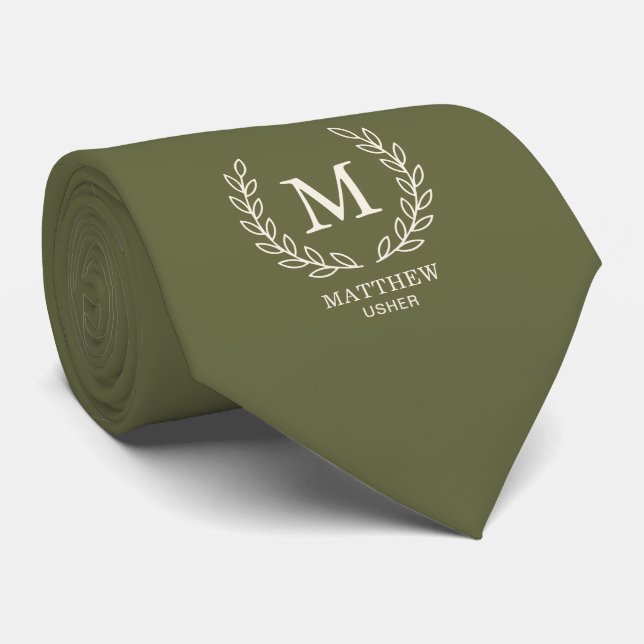 Olive Green Elegant Wedding Usher Laurel Monogram Tie (Rolled)